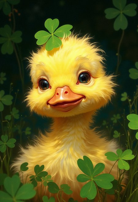 A close-up of a small, fluffy yellow duckling with soft downy feathers, slightly ruffled around its face and neck. The duckling's wide, innocent eyes are glossy and reflect soft light, giving them a lively and curious expression. Its round pinkish-orange beak is slightly open, adding to its playful demeanor. The duckling is surrounded by deep green, four-leaf clovers, with one clover gently resting on top of its head, almost like a small hat. The background is filled with blurred green clovers and dark foliage, creating a soft, natural contrast to the vivid yellow of the duckling. The scene is brightly lit, highlighting the duckling's vibrant colors and the smooth texture of the clovers. The overall atmosphere is cheerful, whimsical, and serene, evoking a sense of nature and innocence.   <lora:FLUX-daubrez-DB4RZ:0.93> DB4RZ, DB4RZ style painting,  <lora:ARTifacts:0.66>
