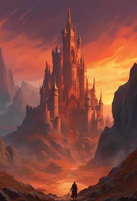 Game Design Fantasy Literature  Elden Ring epic fantasy, mystery, arcane, , Fantasy Literature, often for magical worlds, mythical creatures, or fantastical adventures., Designing video games, often focusing on gameplay, graphics, story, and user experience.giant castle, orange sky, rain