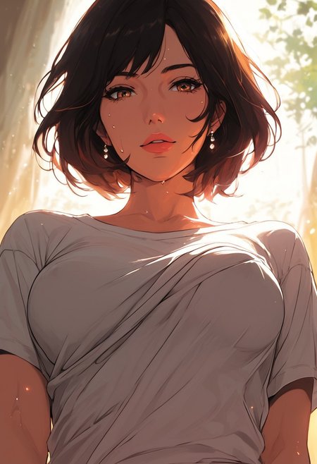 masterpiece,best quality, highly detailed, score_9, score_8_up, score_7_up, score_6_up, source_cartoon,
 BREAK
 1MILF, open eyes, angle, sweat, (motion lines:0.3), (motion blur:0.3),  partial nudity, mature female, housewife, 
BREACK
Seductive look, tshirt, medium breasts, one breast out, hold breasts, pov from below, bra, 
BREACK
ynamic light, warm_light,vibrant colors warm_colors,soft focus, high contrast, textured surfaces , depth of field, golden hour lighting, dramatic shadows, rich details , nature-inspired color palette, playful composition
,dynamic angle,dynamic light,background,
