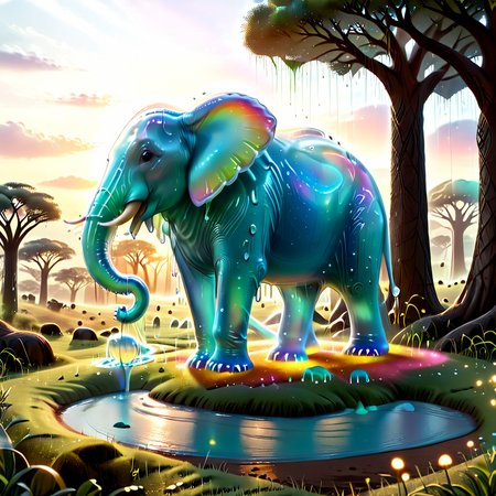 embedding:lazympos a slime elephant spraying rainbow mist from its trunk, standing in a savannah of quivering grass, gelatinous baobab trees, sunset reflecting in gooey waterhole, sl1m3d, slime-morph, vibrant hues <lora:Slime_Morph_V4:1.0000000000000002> <lora:TrendCraft_The_Peoples_Style_Detailer-v2.1A-3_12_2025-SDXL:0.20000000000000004>