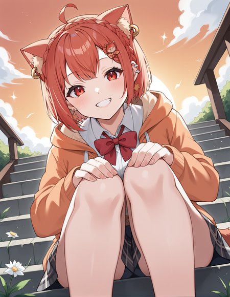score_9, score_8_up, score_7_up, source_anime, rating_safe, BREAK <lora:ratnaPetitXL_LoRA-C3Lier_AdamW_Dim16_Alpha16_UN-3e-4_TE-1.5e-4_10batch_ponyDiffusionV6XL_v6StartWithThisOne:1>, ratna petit, 1girl, virtual youtuber, animal ears, animal ear fluff, ear piercing, crown braid, ahoge, red hair, short hair, red eyes, tail, star earrings, hair ornament, hooded cardigan, orange cardigan, white shirt, red bow, plaid skirt, pantyshot, grin, dutch angle, head tilt, hands on own knee, looking at viewer, facing viewer, looking down, from below, sitting, stairs, grass, flower, sunset, orange sky, gradient sky, cloud