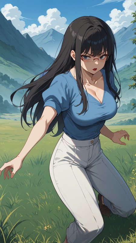 score_9,score_8_up,score_7_up,score_6_up, <lora:xl_more_art-full_v1:0.5>, source_anime, woman, dynamic pose, beckoning,  <lora:Touko Kanbayashi - Pony-000004:0.8>, glasses, long hair, black hair, dark blue eyes, blue shirt, short sleeves, white pants, red lipstick, tired eyes, open fields, grassy hills, mountainous horizon, tall grass,