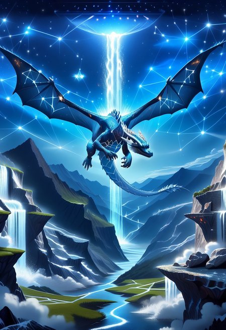 starry_morph dragon, dynamic pose, flying, night sky,  multicolored, mountain, rocky terrain, waterfall, masterpiece, high details, high quality,