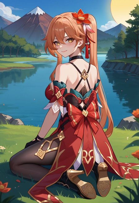 score_9, score_8_up, score_7_up, source_anime, 1girl, guinaifendef, yellow eyes, orange hair, long hair, hair between eyes, side ponytail, hair ornament, hair flower, black choker, bare shoulders, detached sleeves, red dress, chinese clothes, black gloves, black pantyhose, black footwear, high heels, boots,  wariza, kneeling, closed mouth, smile, blush, looking at viewer, outdoors, grass, nature, lake, mountain in the background, sun, from behind, back, looking back, <lora:Guinaifen_v1-000010:1>