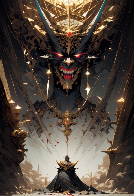 score_9, score_8_up, score_7_up, walking, easynegative, beast man, four horns, masterpiece, best quality, ultra sharp, 32k,  ((shiny body)),, demon beast, sharp teeth, detaled face, white hait hair, (long hair:1.3), (((red demon horns))), yakuza arm tattoos, tribal tattoos legs, tail, red lips, blood dripping from lips, blood on body, (glowing eyes:0.4), (ornate:1.5), gold, (smug:0.85), makeup, gold jewelry, gold earrings, braids ornament, open eyes,
BREAK
Inside an alchemist's dimly lit house, a porcelain demon lying elegantly on a luxurious velvet red bed. The scene is intimate and charged with tension, with the warm glow of candlelight reflecting off the rich fabrics and the glass. The atmosphere is darkly enchanting, blending a sense of forbidden allure with the arcane ambiance of the alchemist’s home.
BREAK 
interior alchemist's house, alchemist's background, cinematic light, vivid colors, best shadows, cinematic composition, vivid skin, best shadows, Royal Victorians alchemist's house,