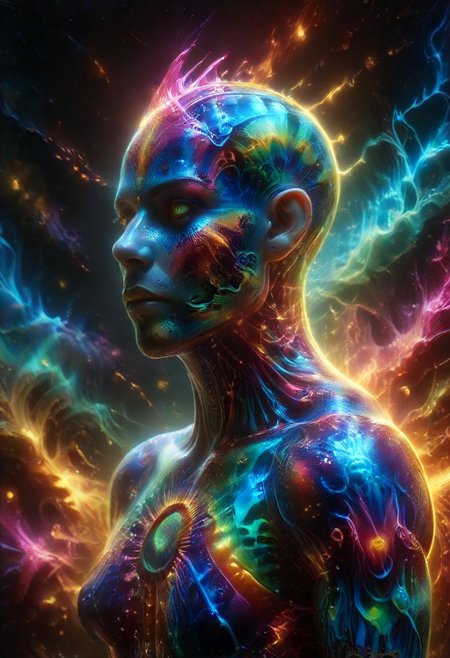 a full body fire entity girl with multicolored flames, purple and blue lights, green and blue flames, pink energy electric eyes, professional photography of an fantastical creature, young woman, shaved head Finely detailed, in a solarpunk environment, looking at viewer, solo, headwear removed, realistic, night blue sky, own hands, spooky makeup, entirely made of stars and galaxies, cyber light trails with whimsical elements, swirling magic, eerie fairytale landscape, elaborate fantasy style art, very colorful, intricate details, ultra sharp, exquisite detail, flawless composition, vivid colors, masterpiece, exciting background, psychedelicai, made out of,colorful,liquid,Murano Art Glass, GlowingInk, mad-glowtiedye, glowneon, glowing, sparks, lightning