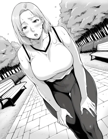 masterpiece, best quality, amazing quality, uncensored, <lora:Saiyazumi_manga_style-000008>, 5a1yazu, monochrome, greyscale, 
1girl, medium hair, mature, sportswear, yoga_pants, looking at viewer, gasp, blonde hair, 
in summer, day, dynamic_angle, park, lawn, bench, path, cowboy shot, sweat, hands on own legs, from below, walking,