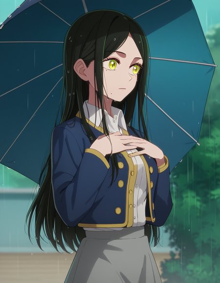 score_9, score_8_up, score_7_up, source_anime, <lora:frill-shiranui-s1s2-ponyxl-lora-nochekaiser:1>, frill shiranui, long hair, bangs, black hair, green eyes, yellow eyes, green hair, mole, mole under eye, mole under mouth, medium breasts,, shirt, jacket, white shirt, collared shirt, blue jacket, long sleeves, skirt, grey skirt,, rainy day, umbrella, walking home, puddles, wet hair, , , hands on own chest,, solo,, cowboy shot, dutch angle,