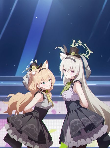 detailed background, shiny skin, posing,
<lora:antisera.pony:1>,
antisera, 2girls, mari, sakurako, 
smile, 
sweat, sweat drops, dancing, seductive smile, arms behind back, leaning forward,