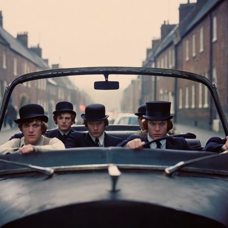 cinematic film still of  <lora:perfection style:0.5> <lora:detailed:0.5> perfection detailed
 <lora:Clockwork Orange film style:0.9>
In a futuristic dystopian Britain a group of gang people riding in a car,1girl,hat,multiple boys,parody,ground vehicle,motor vehicle,4boys,realistic,car,vehicle focus,driving , cinematic, film, kodak, Clockwork Orange film style, iconic car, dricing to the camera, headlights, shallow depth of field, vignette, highly detailed, high budget, bokeh, cinemascope, moody, epic, gorgeous, film grain, grainy