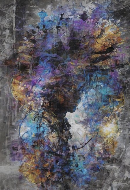 a world inside me, street, iridescent, gem, epic fantasy, dark fantasy, gritty, real, graffiti, long hair, (((silhouette))), expressionism art, fractals, stopwatch, deep purple and gray, at dusk, cinecolor, (dimmed colors:1.1), hdr, mentixis, linquivera