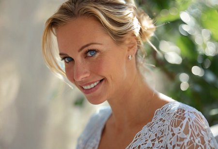 "A hyper-detailed, high-resolution (8K) close-up portrait of a 40-year-old woman with sleek blonde hair tied back in a soft bun, wearing a light, airy white blouse. Her striking blue eyes gleam with happiness, framed by delicate laugh lines that enhance her natural charm. The background is intentionally blurred, suggesting a lush garden terrace brunch—sun-dappled foliage, a wrought-iron table, and scattered morning light filtering through leaves. Shot with a Hasselblad H6D-100c medium-format camera, using a tight crop and a shallow depth of field (f/2.8) to emphasize the interplay of light on her skin and the fine strands of her hair. The lighting is natural yet sculpted, inspired by Annie Leibovitz’s ability to blend realism with ethereal beauty."