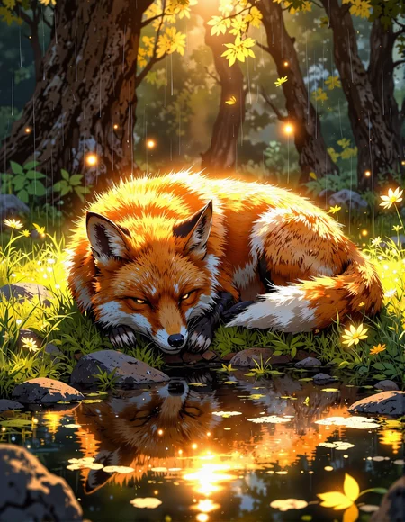 serene anime-style digital painting bathed in golden light. Picture a sleeping fox with orange and white fur curled up in a grassy area during a gentle rain.  The fox is positioned close to the ground, with its head resting on its paws. Raindrops are falling and creating ripples in a puddle of water in the foreground, which reflects the bright golden light from above. The background is blurred and suggests a natural outdoor setting. The overall mood is peaceful and cozy despite the rain, emphasized by the warm lighting and the fox's relaxed posture, <lora:Cozy_Paradise:0.8>, <lora:Vibrantly_sharp_style_v.2:0.8>, <lora:anhei_first_flux_lora_v1:0.4>, <lora:FluxMythP0rtr4itStyle:0.6>