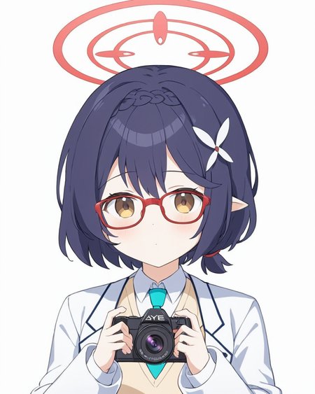 ayane \(blue archive\),1girl, headphones_around_neck, solo, halo, glasses, white_background, simple_background, long_sleeves, holding_camera, closed_mouth, white_jacket, necktie, red-framed_eyewear, skirt, hair_ornament, open_clothes, sweater_vest, upper_body, braid, white_coat, collared_shirt
<lora:ayane_(blue_archive)_image368_2023-11-26:1>halo. gorgeous,key visual, vibrant, studio anime,award-winning, professional, highly detailed,high budget, cinemascope