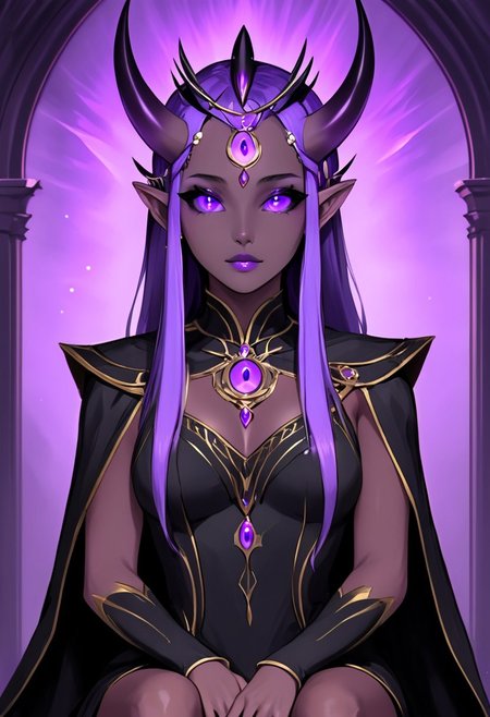 te'kharoth, third eye, tail, horns, violet eyes, 1girl, solo, upper body, regal, queen, crown, sitting, throne,  colored skin, dark skinned female, silk dress, capelet, illuminated, mystical aura, expressive eyes, cinematic, masterpiece,