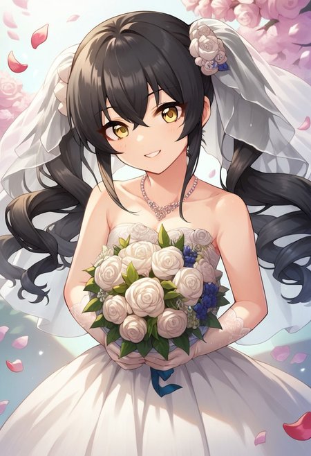 score_9, score_8_up, score_7_up, source_anime,matoba risa, long hair, black hair, yellow eyes, twintails, 1girl, bouquet, dress, jewelry, flower, necklace, petals, wedding dress, gloves, smile