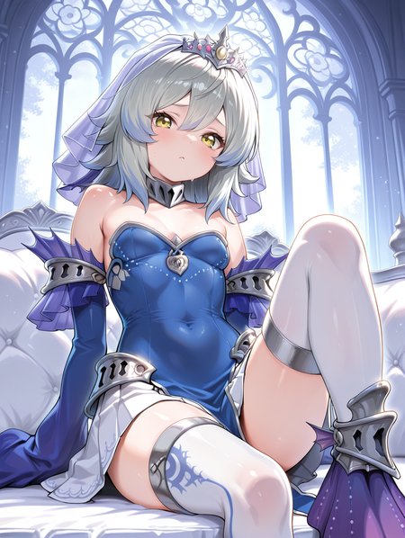 blue dress,tearlaments merrli,silver tiara,blue detached sleeves,mermaid,calf fins,1girl,sitting,solo,blue bridal veil,covered navel,looking at viewer,small breasts,white thighhighs,sleeves past fingers,
masterpiece,best quality,amazing quality,very aesthetic,absurdres,newest,<lora:Tearlaments Merrli illuXL v1:0.75>,