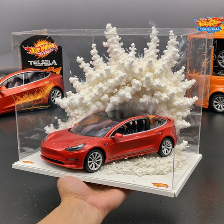 "Hot Wheels" toy car company have made a toy car version of a Tesla Model 3, The toy Tesla model 3 car comes in a mini display box. The car is exploding into fire and flames, white smoke fills the top of the display box, Realistic explosion from car, Realistic Flames bellow from the car windows inside the display box, Standing next to the car is a little plastic toy man, Man holds both arms in the air, <lora:TESLA_TOY_CARS:0.8>