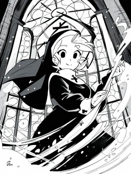 score_9, score_8_up, score_7_up, score_6_up, nun girl, holding a blue lamp, magic around, blue flash, from below, black tunic, church, big window behind, rosary,, particles around, splash art, looking at viewer, cowboy shot, dynamic pose, cute, wide shot, solo, dutch angle, 
<lora:INKtoonXLP_Style:1> InkToon, monochrome, black eyes, simple white  background, cute, sketch, thin line, cartoon, splash art, concept art