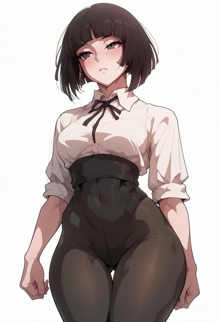 score_9, score_8_up, score_7_up, rating_explicit, uncensored ,1girl, solo focus, , ,Kivye, black eyes, black hair, short hair, blunt bangs, normal uniform, sexy slender curvy body, (sexy thick thighs),  extremely sexy legs,  blush, nose ,  ,  sexy body, wide hips and narrow waist, ,Battle clothes, short hair, black pantyhose,white shirts , standing