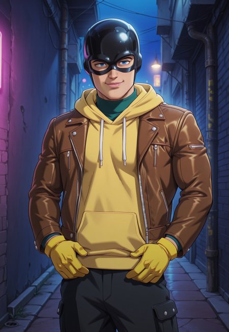 dbstyle, masterpiece, best quality, hyper-Detailed, 1man, solo, male focus, alone, detailed, peter ((young, muscular body, fair skin, detailed blue eyes, thick lips, chin stubble)), ((wearing black helmet, black mask, daredevil mask, brown leather jacket with long sleeves over a yellow hoodie over a green sweater turtleneck, black cargo pants, thick yellow gloves)), smiling, hands on waist, standing in an alley, night