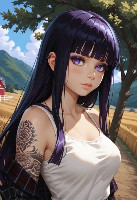 (score_9, score_8_up, score_7_up), 
(dutch angle, upper body:1.4),
1girl, solo, black hair, detailed eyes, purple eyes, long hair,  straight bangs, medium breasts, (goth, wide hips:1.1),  eyeshadow, jeans,  hime cut,
tattoo, tattooed arm, flannel shirt, p(urple shirt, white tanktop), nature, outdoors, farm, blush, wind, windy hair, cowboy shot