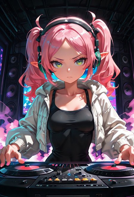 solo, elf girl, skinny, long pink hair, twintails, green eyes, small breasts, black tank top, white puff jacket, headphones, concentrating, turntable, speakers, colorful light show, smoke, sound equipment, dj, rave, indoors, crowd in background, t4kar4i_illu, no_outlines, no lineart, masterpiece, best quality, absurdres,