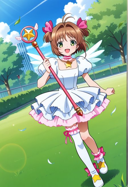 outdoor, trees, grass, cityscape, floating leaves, flowers,
BREAK,
{open smile|light smile},
full body, (posing:0.4),
dynamic angle, 
BREAK,
<lora:sakuraS_illustriousXL_v03:0.9>
kinosakuast, short hair, brown hair, hair ornament, two side up, pink hairtie, ahoge, green eyes,
angel wings, white dress, puffy sleeves, short sleeves, pink skirt, layered dress, choker, star choker, single thighhigh, 
leg ribbon, white thighhigh, white footwear, white shoes, star shoes, 
star wand, holding wand, starwand,, source_anime, very aesthetic, anime coloring, masterpiece, 
best quality, amazing quality, ultra detailed, very aesthetic, 
detailed background, 
BREAK,