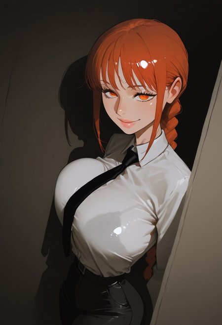 1girl, solo, makima \chainsaw man\, red hair, long hair, ringed eyes, braided ponytail, white collared shirt, black necktie, black pants,
looking at viewer, smiling, closed mouth,
hiding, in macabre Cursed, moonlit hilltop,artist:Matsuba10,matumot,kim hyung tae,
dynamic angle, dynamic motion, creepy, horror,fenner, trippy,,absolutely eye-catching,,extremely detailed,, good composition, masterpiece, best quality, very aesthetic, very awa, absurdres, newest,
masterpiece, best quality, amazing quality, very aesthetic, absurdres, newest, , photorealistic,  <lora:incase_new_style_red_ill>, ExpressiveH, shiny skin, black bra under clothes, beautiful lips, sexy lips, shiny lips,