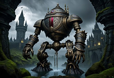 giant bipedal robot pewter silver and dark red stripes and bronze gold paisley robot. lacy robot cube spiked. head. outside of a steampunk keep. large detailed torso. dark image. one forty foot tall ancient robot with great arms and two heavy spring legs. dark foggy night background. $dark foggy night image only. dark photo realistic image. steampunk details. cogs, chains and pipes incorporated in the fantasy buildings. magic wizards tower in background. Dark swamp, moss, castle ruins, wizards tower. stormy dark night. small floating machines