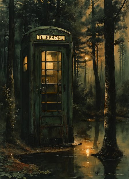 vintage telephone booth in the forest,arm,water,twilight,light from within,8k,<lora:tbh163-sdxl:0.9>,natural light,<lora:The_Dark_Side_of_the_Earth:0.6>,