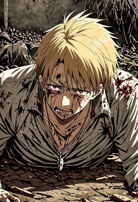 high resolution, solo, best quality, 1Boy, Yamato Ishida, Blond Hair, Necklace, fell down, revenged, conquered, dying, battered, bruised, OverallDetail