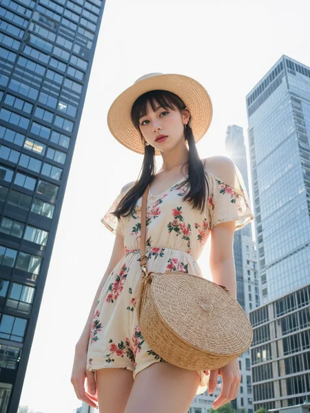 There are wonderful studio lights and various reflections,
18yo beautiful cute girl with blushing and female orgasm.skin naturally showing the texture of blood vessels and detailed pale skin,
--,
<lora:Nakajo_Ayami_f1:1>,she is Nakajo Ayami,
(Floral_printed_romper:1.5),(Straw_wide-brim_hat:1.4),(Rattan_crossbody_bag:1.3), A bold fashion shot of a model standing tall in front of massive skyscrapers. The low-angle perspective makes her appear powerful and statuesque, her expression strong and determined. The background features towering city buildings with sharp lines contrasting against the bright sky. Street fashion editorial, wide-angle lens, f/2.0, natural light, hd quality,, #æ©å¤©æ¥¼ä½è§åº¦