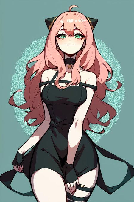 score_9, score_8_up, score_8, medium breasts, (curvy), cute, eyelashes, solo,      ,,,  zzAnya, green eyes, hair between eyes, ahoge, pink hair, long hair, hair ornament, hairpods,  gold hairband,hair flower, black choker, black dress,sleeveless,off shoulder, floral print, fingerless gloves, black footwear,thigh holding dagger,  ,<lora:AdultAnyaPDXL:1.0>,  ,,,BREAK, smile, looking at viewer, cowboy shot, ,,, embedding:zPDXL, <lora:DiivesP1:0.7>,