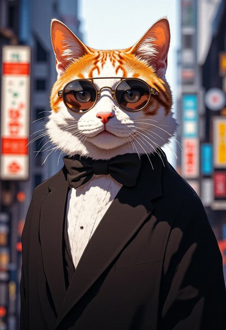 A portrait of a white and orange (cat) wearing round framed 3 lens sunglasses and a tuxedo sitting on a tokyo street. 
Cinematic lighting, volumetric lighting, 8k quality