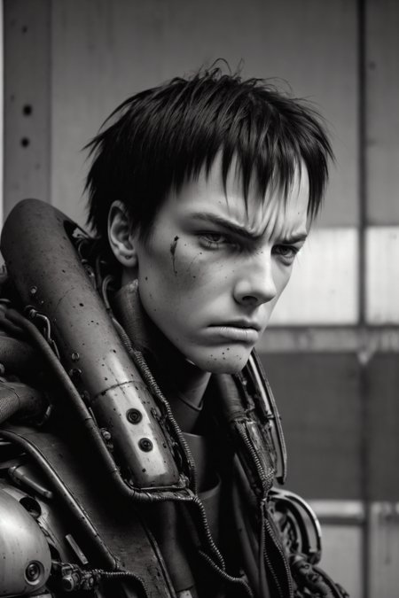 muted colors,RAW photo,realistic,detailed,8k uhd, dslr,sharp,volumetrics dtx,soft lighting,futuristic, cyber armor,killy, man, strong, manly,((pale skin)), scars, messy hair, short hair,bangs, looking at viewer,((facing viewer)), close-up,(angry, expressionless:1.2),menacing,closed mouth,portrait, tubes, concrete, mega structures,decrepit scenery, <lora:blamev2:0.9>