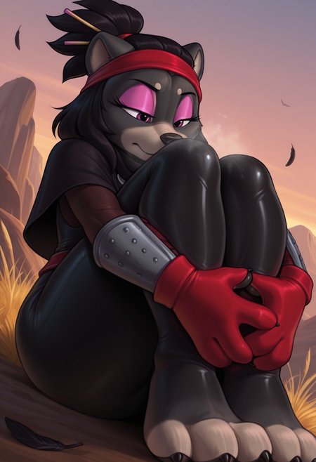 chipchell,  outdoors, undershirt, falling feathers, black bodysuit, hair stick, hugging own legs, , gauntlets,   eyeshadow,   red gloves, black capelet, red hairband, pink eyes, medium hair, black hair, 1girl, solo,  dynamic angle, foreshortening, furry, furry female, anthro, paws, claws, pawpads, steam, smell, visible, breath