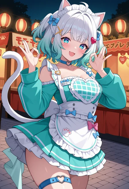 general, masterpiece, best quality, 1girl, solo, BREAK looking at viewer, blush,
vibrant Japanese street festival, illuminated paper lanterns, busy market background, mid-air leaping pose, exuberant gesture, hair swept by festival breeze, ecstatic smile, neon glow, dynamic motion blur, intricately detailed
BREAK
<lora:Mint Fantome:1> blue eyes, gradient hair, white hair, green hair, ahoge, hitaikakushi, x hair ornament, medium breasts,
mintcafe, frills, aqua jacket, long sleeves, off-shoulder jacket, white apron, maid apron, (heart-shaped chest, plaid heart, aqua heart:1.2), white sash, blue waistband, pleated skirt, frilled skirt, aqua skirt, cat ears, cat tail, blue choker, heart o-ring, blue bow, pink bow, paw print pin, ghost pin, pin, white arm belts, name tag, brown thigh strap, brown garter strap, (blue thigh belt:1.2), 
short hair, two side up, hair bow, blue bow,