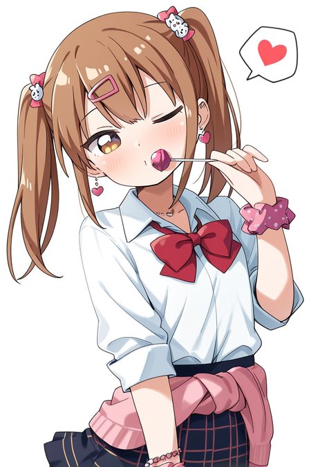 masterpiece, best quality, amazing quality,
 <lora:Haru_IL:1> haru, 1girl, skirt, twintails, heart, spoken heart, one eye closed, bow, solo, wrist scrunchie, red bow, shirt, scrunchie, hair ornament, jewelry, white background, lollipop, food, brown hair, hairclip, school uniform, bowtie, candy, simple background, plaid skirt, white shirt, gyaru