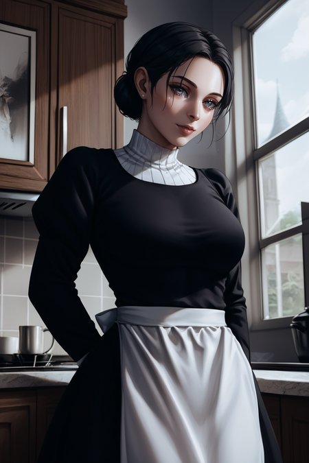 score_9, score_8_up, score_7_up, BREAK source_anime, <lora:Lara Tybur-PonyXL-lora-Faxtron:1> lara tybur, grey eyes, black hair, single hair bun, medium breasts, black dress, long sleeves, apron,