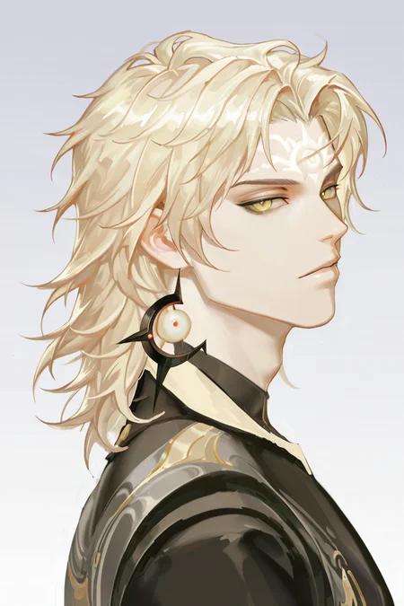 <lora:susanoo-IL:0.8>,susanoo, blonde hair, dishevelled hair, 1boy, yellow eyes,forehead mark, solo, from side,looking at viewer,bara,male focus,very awa,masterpiece,best quality,amazing quality,nsfw,uncersored,highres,best quality,amazing quality,best aesthetic,absurdres,   <lora:CCD-IL:0.7>,CCD,portrait,