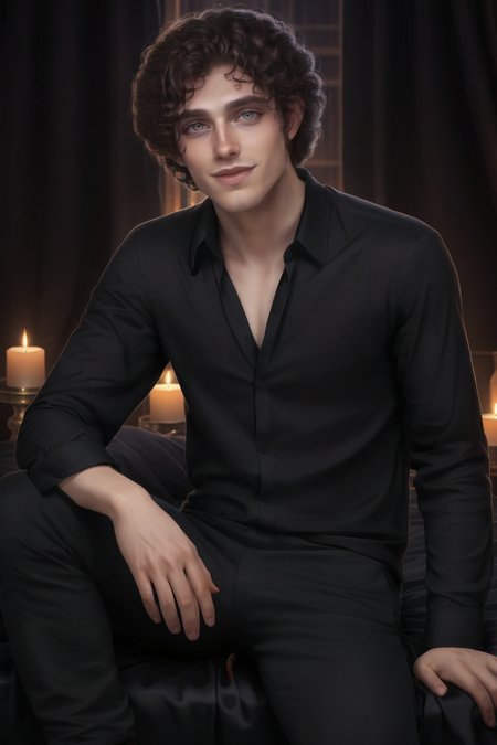 Dreamscape male, pale skin, grey eyes. brown curly hair, nose ring, smirk, full body, clothes in black opened shirt, sitting on the black silk bed, room interior background <lora:DavidXL:0.7> . Surreal, ethereal, dreamy, mysterious, fantasy, highly detailed