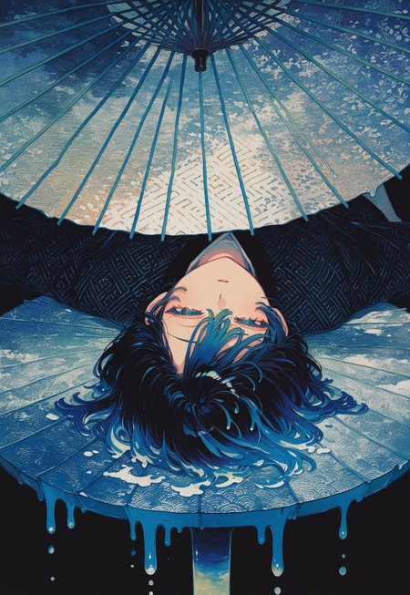 sayagata pattern, ultraviolet light, melting, blending, out of frame, double_exposure,
androgynous, solo, sleepy, lying, (oil-paper_umbrella, colorful oil-paper_umbrella), table,
(k4_illu), traditional media, scan, painting_(medium), abstract,
masterpiece, best quality, absurdres, [dynamic pose]