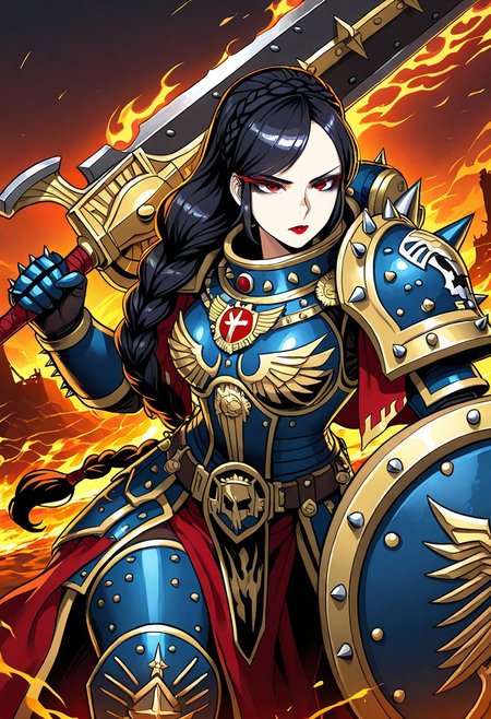 (masterpiece, best quality:1.4), 1girl, (very long hair, black hair, red eyes, wavy hair, swept bangs, folded braid,crown braid,braided ponytail,colored eyelashes, makeup, black eyeshadow, lipgloss:1.3), (warhammer armor, spiked pauldrons, huge sword & shield:1.4), (battle stance, serious gaze, side angle:1.3), (burning battlefield, cinematic lighting:1.2), (soft shadows, dynamic pose:1.1)