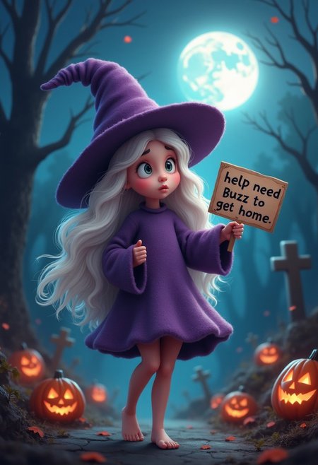 a little magical hat girl witch with eyes wide open perfect scared and sad face long oversized purple sweater stockings  long white hair with a soft pink tint and large eyes  the witch is walking barefoot out of a graveyard at midnight with full moon above and Halloween decorations around her making innocent pose  but with a subtle hint of danger as she holds a sign with both hands that's written on it "help need Buzz to get home"