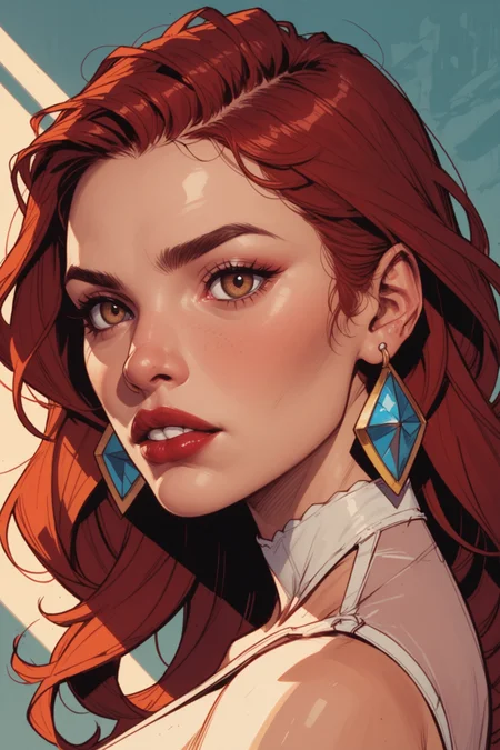 1girl, solo, jewelry, earrings, red hair, makeup, long hair, portrait, realistic, looking at viewer, blue eyes, lips, teeth, eyeshadow, lipstick, sunlight, parted lips, eyelashes, red lips, brown eyes, nose, <lora:Expressive_H:0.5>, score_9, score_8_up, score_8_up, a_Comic_Illustration, rough lines with ink, (drawn:1.1), (sketch:1.5), (crosshatching:1.25), (comic style:1.1), graphic novel style, sharp lines, hires, zstyle, (western comics \(style\):1.1), (hatching \(texture\):1.2), zPDXL, Mr_Monster_Possitive