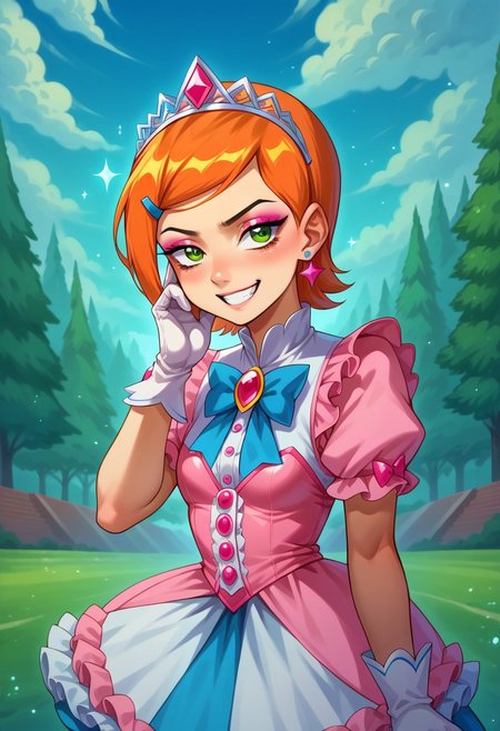 score_9, score_8_up, score_7_up, source_anime , 1girl, gwen tennyson (/Ben10)/, bright orange hair, short hair, (green eyes), girly twintails, masterpiece, best quality, absurdres, (pastel theme) magical girl, blue latex frilly bell skirt, magical girl dress, madoka dress, pastel colors, kawaii, frilled skirt, thighhighs, puffy dress, puffy short sleeves, gloves, tiara hairband, gem brooch, bow, ribbons, lace trim, frills, frilled fabric, sparkles, glitter,
lipstick, long eyelashes, eyeshadow, eyeliner, mascara, makeup,  
outdoors, nature, clouds, heart earrings, heart accessories, jewelry, frilled boots, solo, cowboy shot, dynamic magical girl pose, v, grin, hand on own cheek