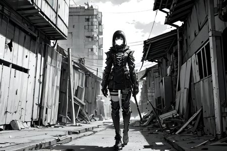 highly insanely detailed, masterpiece, top quality, best quality, highres, 4k, 8k, RAW photo, (very aesthetic, beautiful and aesthetic),  
tsutomu nihei,nihei_tsutomu,blame!,blame gakuen!,abara,TNstyle,sidonia_no_kishi,clouds,lantern,cables,tubes,industrial pipes,bones,buildings,concrete walls,metal walls,walkway,gauna,gauna mech,wire,dome,light particles,drainpipe,letterboxed, 
<lora:ABARA:0.5>, 
(1girl:1.3), 
solo focus, 
street corner,âââ