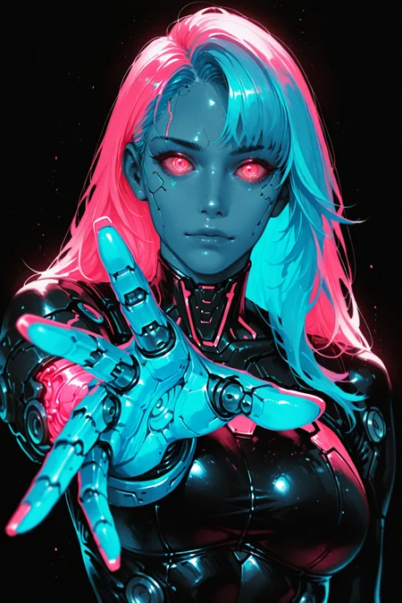 [Uncensored, looking at viewer, cyberpunk, upper body, perspective, monochrome, partially colored (neon pink), glowing cybernetic arm, reaching, hand focus, film grain, black background]
A cyberpunk femme fatale with a sleek black bodysuit and neon-glowing cybernetic arm reaches toward the viewer, her hand outstretched with sharp, mechanical claws. Her eyes glow icy blue, contrasting the neon pink highlights in her hair and arm. Film grain adds a gritty, futuristic edge., <lora:Detailer_NoobAI_Incrs_v1:0.75>, masterwork, masterpiece, best quality, , dynamic pose,,  dynamic angle, , ,  (lineless:1.2), detailed, depth of field, dynamic lighting, blurry, (cheekbones:0.85), (realistic:1.2)
adult, aged up,, .