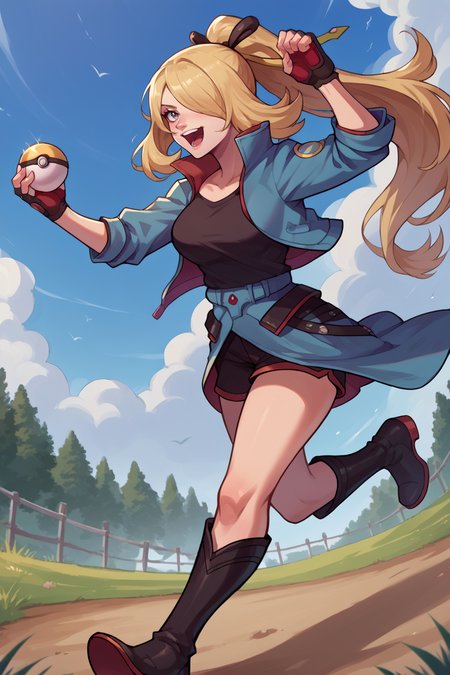 score_9, score_8_up, score_7_up, score_6_up, source_anime BREAK 1girl, solo  <lora:pkmncynthia-pdxl-nvwls-v1-000006:1> aurCyn, hair over one eye, ponytail, hair ribbon, blue jacket, black shirt, belt, black shorts, fingerless gloves, red gloves, blue overskirt, (big breasts:0.8), holding poke ball \(basic\), from side, dynamic pose, running, happy, black boots